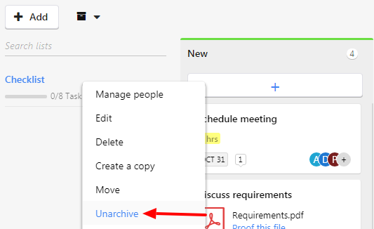 unarchive tasklist