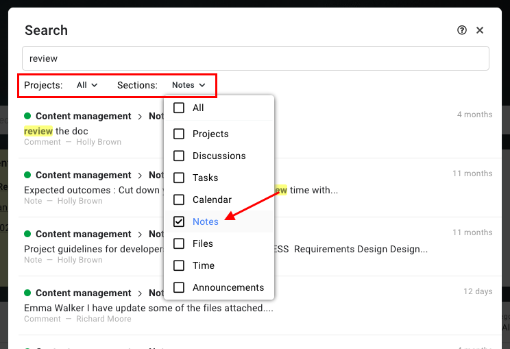 projects drop-down menu