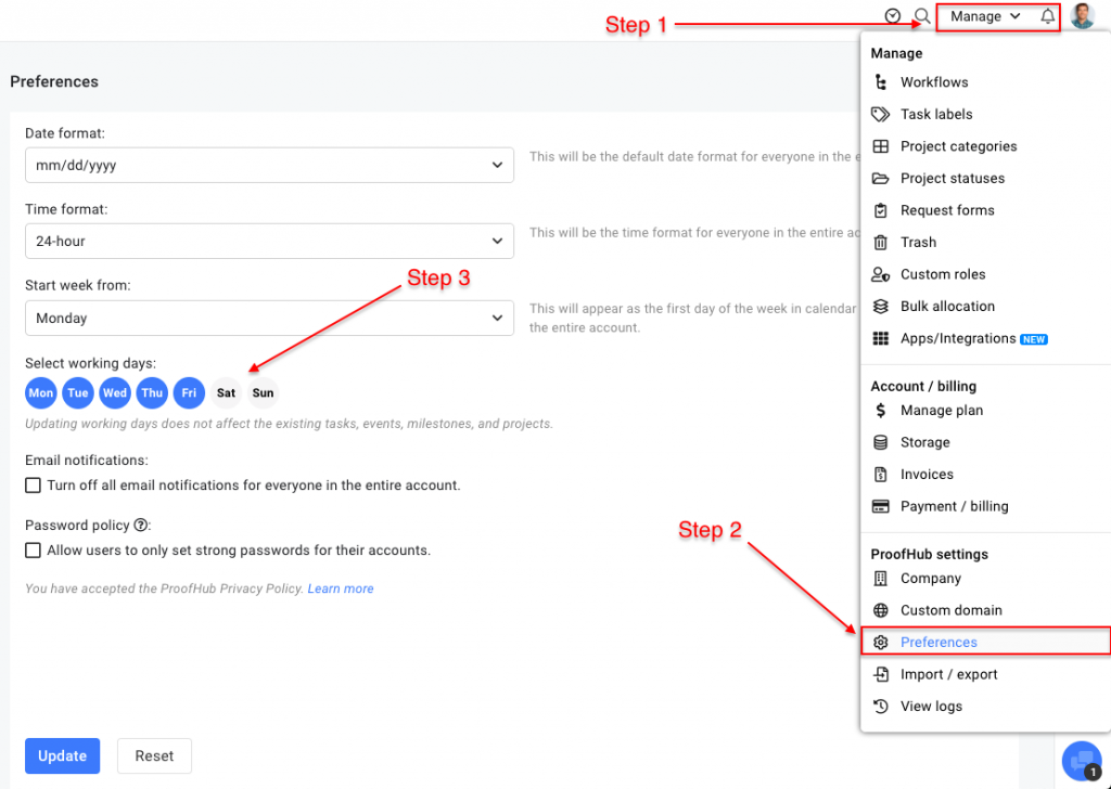 Customize working days ProofHub Help Support