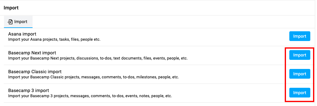 Click the import in front of basecamp in ProofHub