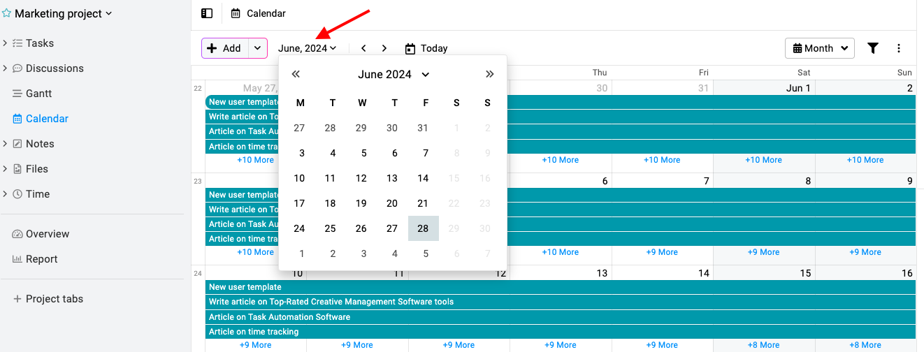 Date picker in calendar in ProofHub