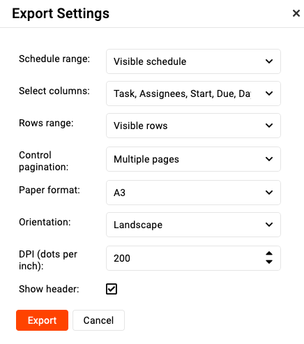 Export settings in Gantt in ProofHub