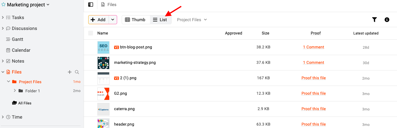 List view in ProofHub's files section