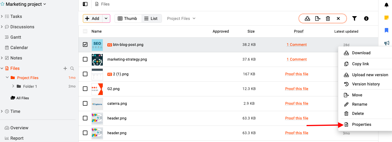 Properties of file from 3 dots in ProofHub