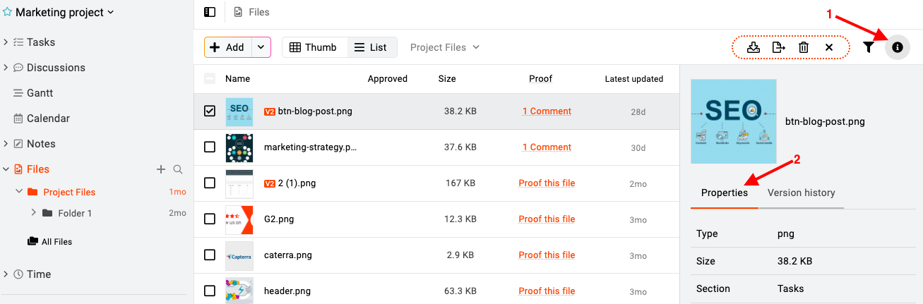 Properties of file in ProofHub