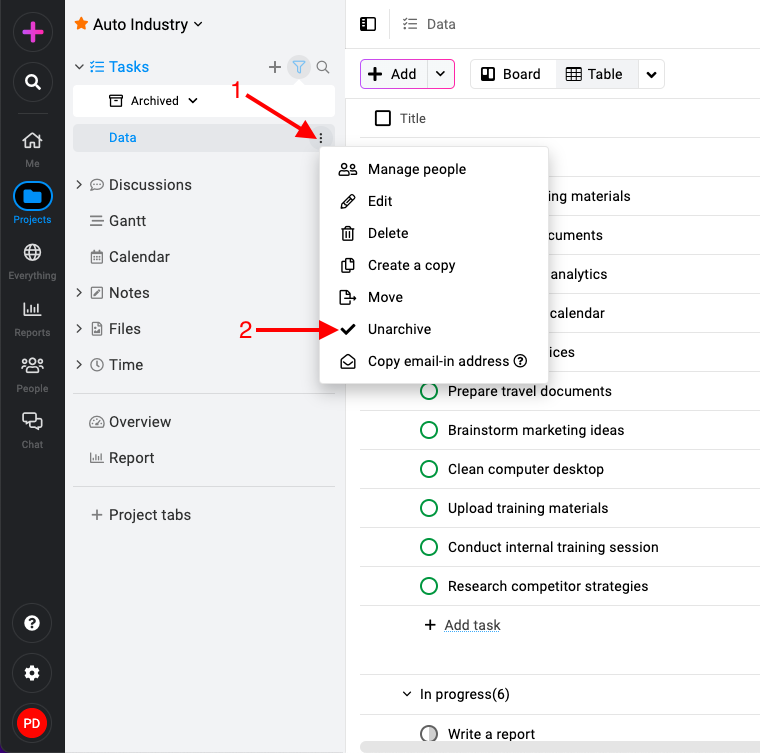 Unarchive task lists in ProofHub