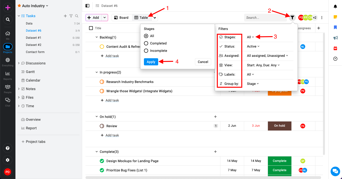 Filters in table view in ProofHub