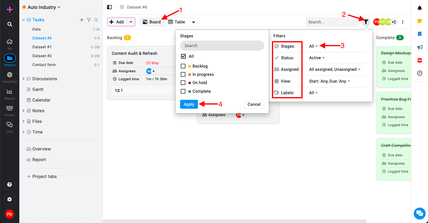 Filters in board view in ProofHub