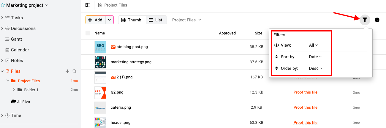 Sort and filter files in ProofHub