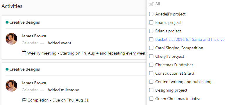 activities projects filter
